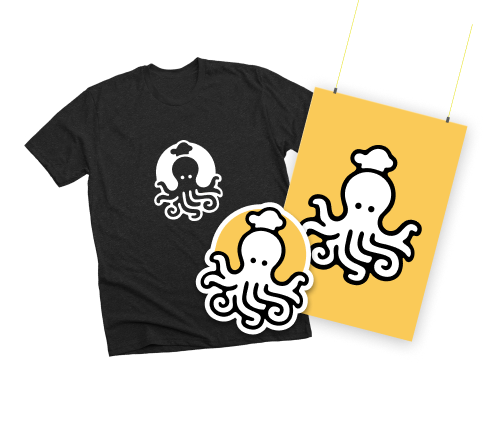 Octopus logo printed on a t-shirt, sticker, and poster